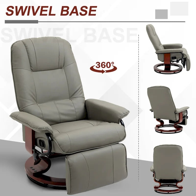 Sillón reclinable de cuero sintético con base giratoria y ajuste manual, con reposapiés cómodo y relajante