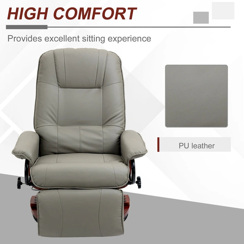 Sillón reclinable de cuero sintético con base giratoria y ajuste manual, con reposapiés cómodo y relajante
