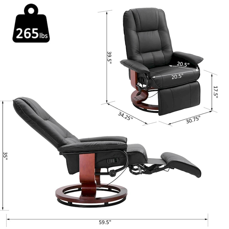 Sillón reclinable de cuero sintético con base giratoria y ajuste manual, con reposapiés cómodo y relajante