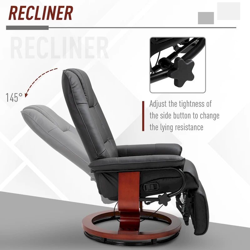 Sillón reclinable de cuero sintético con base giratoria y ajuste manual, con reposapiés cómodo y relajante