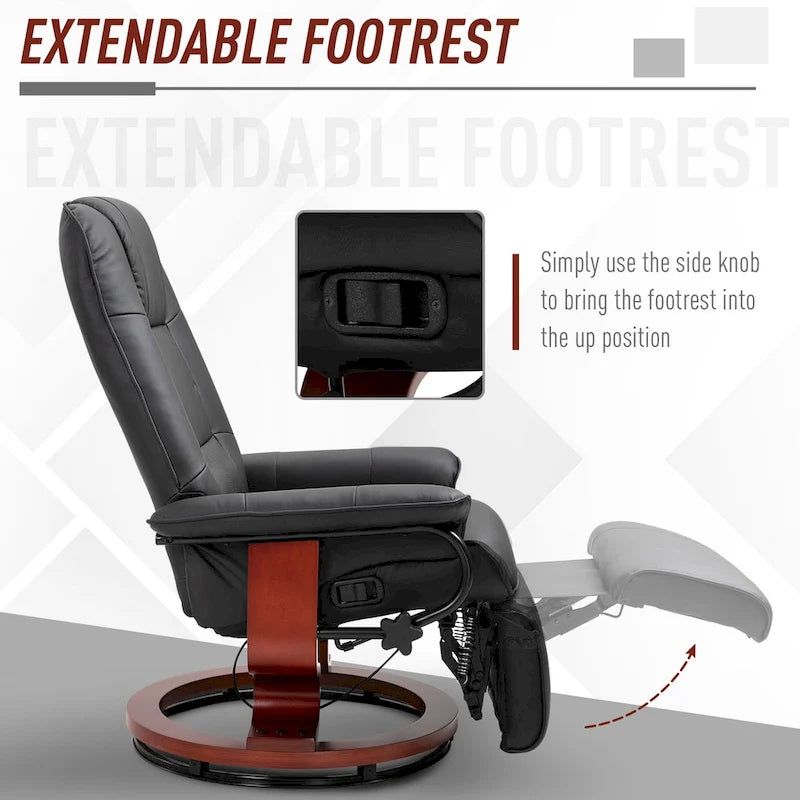 Sillón reclinable de cuero sintético con base giratoria y ajuste manual, con reposapiés cómodo y relajante