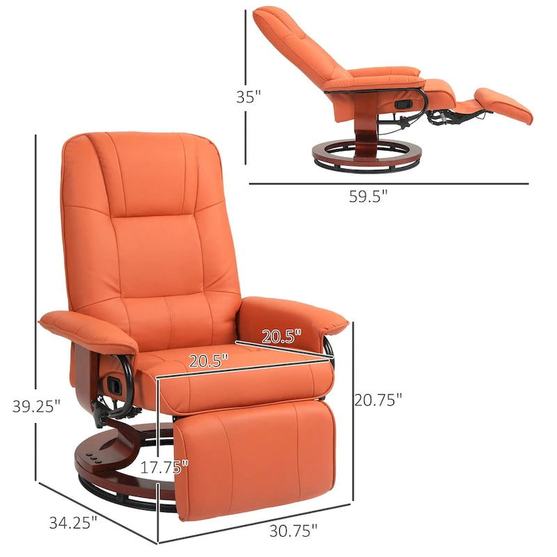Sillón reclinable de cuero sintético con base giratoria y ajuste manual, con reposapiés cómodo y relajante