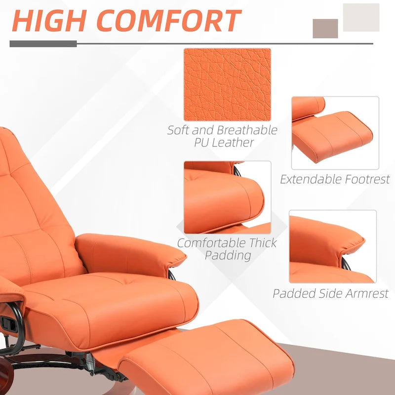 Sillón reclinable de cuero sintético con base giratoria y ajuste manual, con reposapiés cómodo y relajante