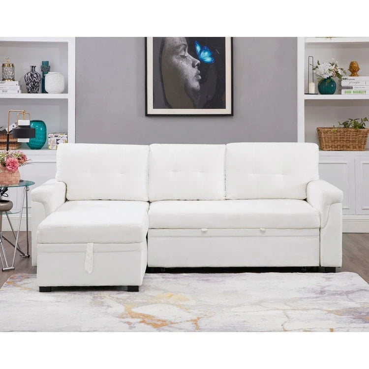 Canapé d’angle réversible avec lit escamotable, méridienne avec rangement caché et pieds robustes,
