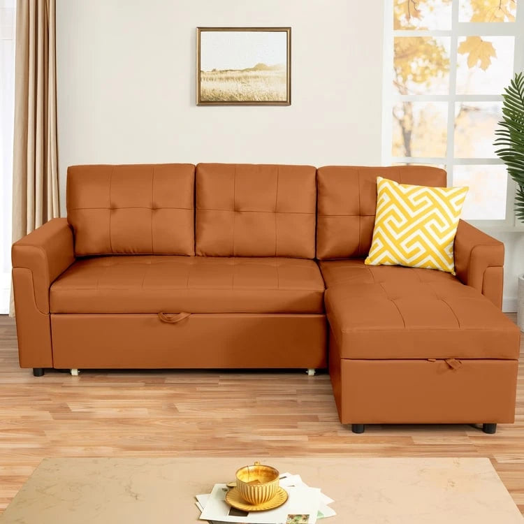 Canapé d’angle réversible avec lit escamotable, méridienne avec rangement caché et pieds robustes,