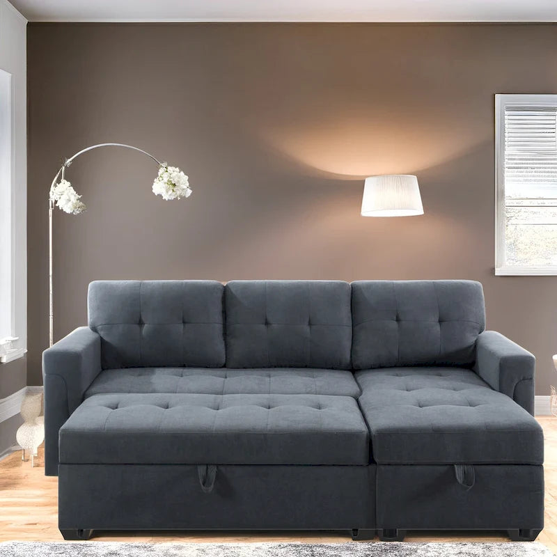 Wendbares Ecksofa mit ausziehbarem Schlafbett, versteckter Stauraum-Chaiselongue, robusten Beinen,