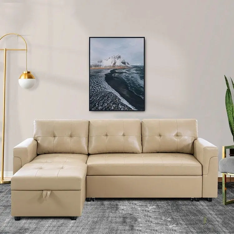 Wendbares Ecksofa mit ausziehbarem Schlafbett, versteckter Stauraum-Chaiselongue, robusten Beinen,