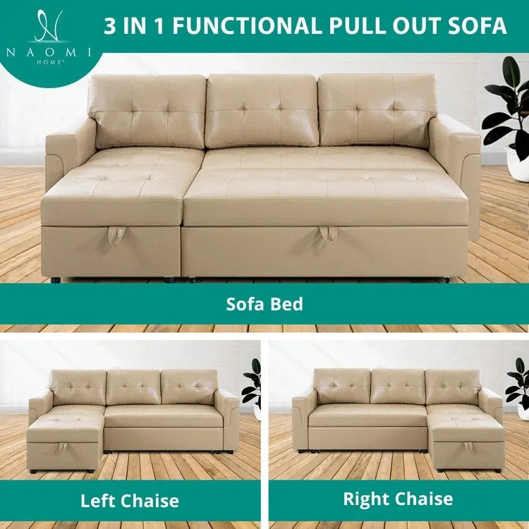 Wendbares Ecksofa mit ausziehbarem Schlafbett, versteckter Stauraum-Chaiselongue, robusten Beinen,