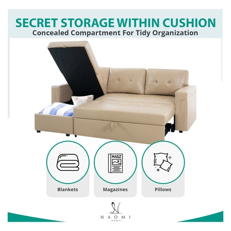 Wendbares Ecksofa mit ausziehbarem Schlafbett, versteckter Stauraum-Chaiselongue, robusten Beinen,