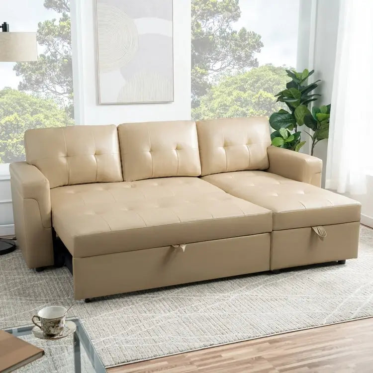 Wendbares Ecksofa mit ausziehbarem Schlafbett, versteckter Stauraum-Chaiselongue, robusten Beinen,