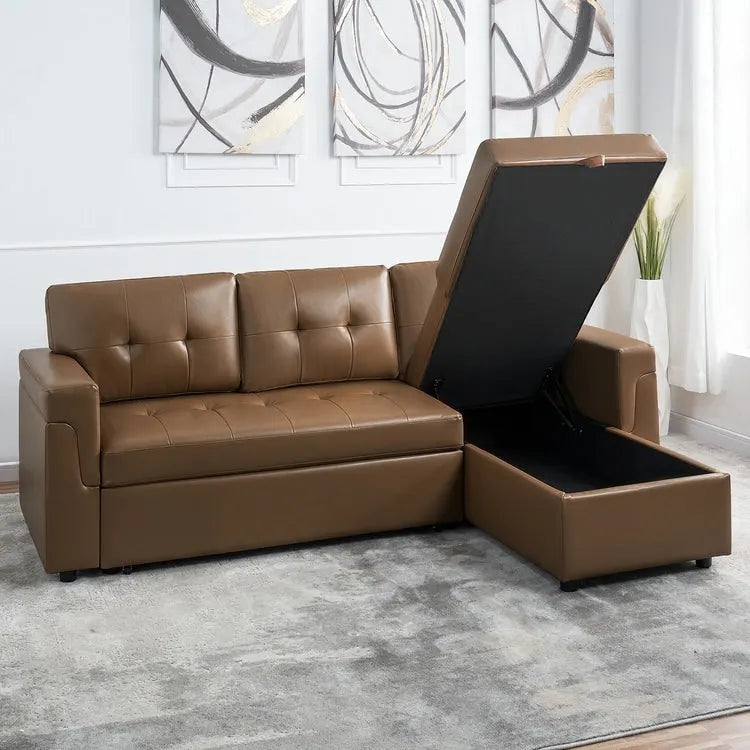 Wendbares Ecksofa mit ausziehbarem Schlafbett, versteckter Stauraum-Chaiselongue, robusten Beinen,