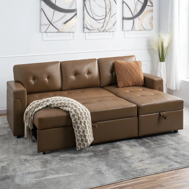 Wendbares Ecksofa mit ausziehbarem Schlafbett, versteckter Stauraum-Chaiselongue, robusten Beinen,