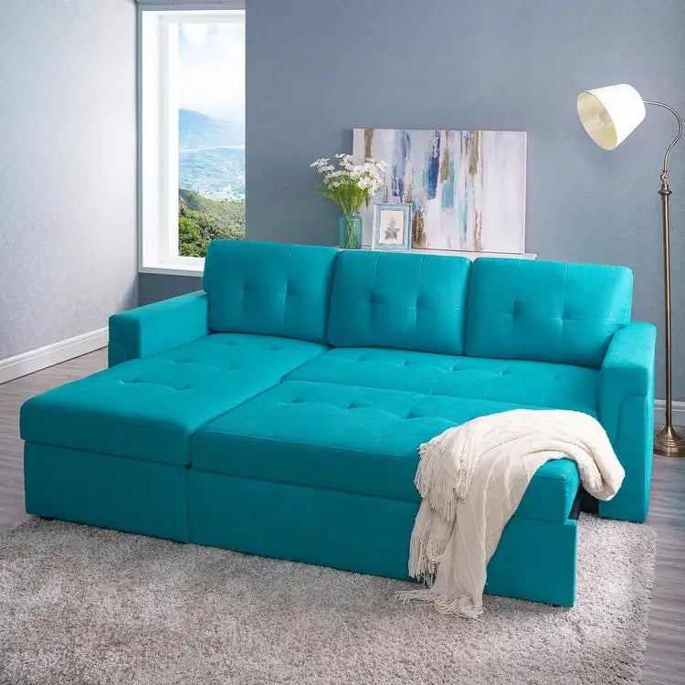 Wendbares Ecksofa mit ausziehbarem Schlafbett, versteckter Stauraum-Chaiselongue, robusten Beinen,