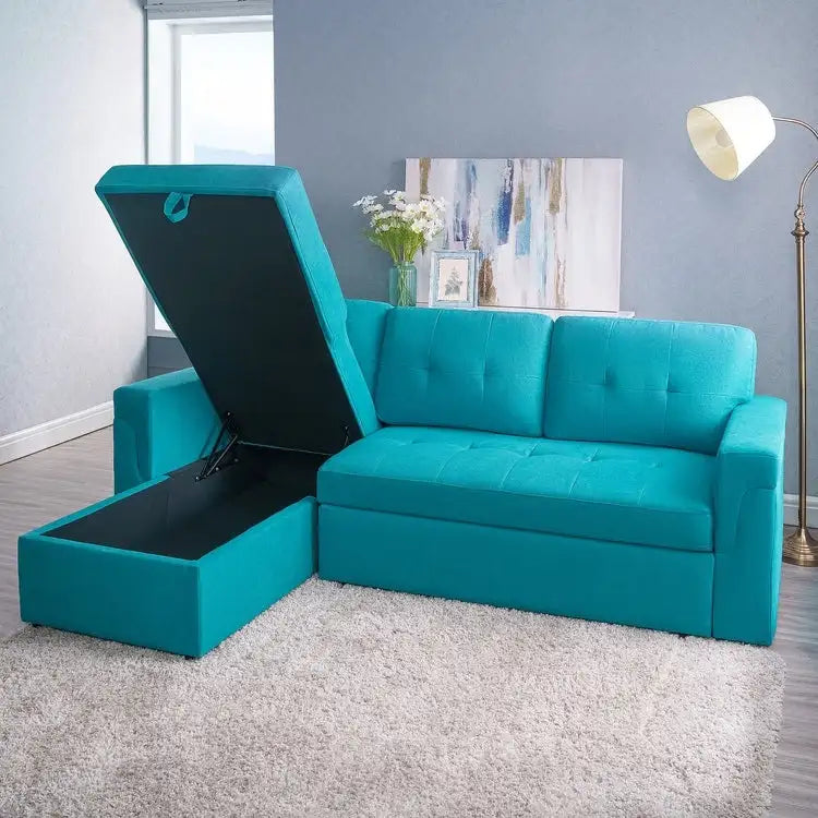 Wendbares Ecksofa mit ausziehbarem Schlafbett, versteckter Stauraum-Chaiselongue, robusten Beinen,