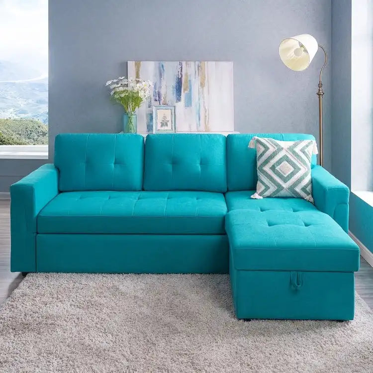Wendbares Ecksofa mit ausziehbarem Schlafbett, versteckter Stauraum-Chaiselongue, robusten Beinen,