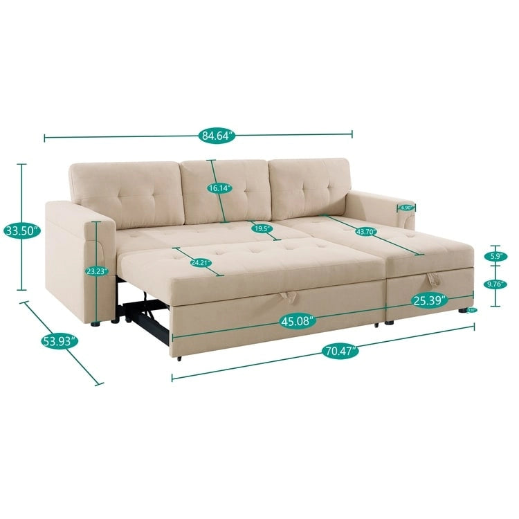 Wendbares Ecksofa mit ausziehbarem Schlafbett, versteckter Stauraum-Chaiselongue, robusten Beinen,