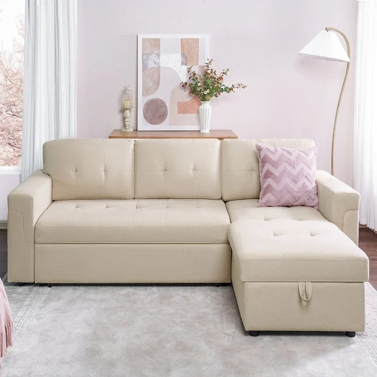Wendbares Ecksofa mit ausziehbarem Schlafbett, versteckter Stauraum-Chaiselongue, robusten Beinen,