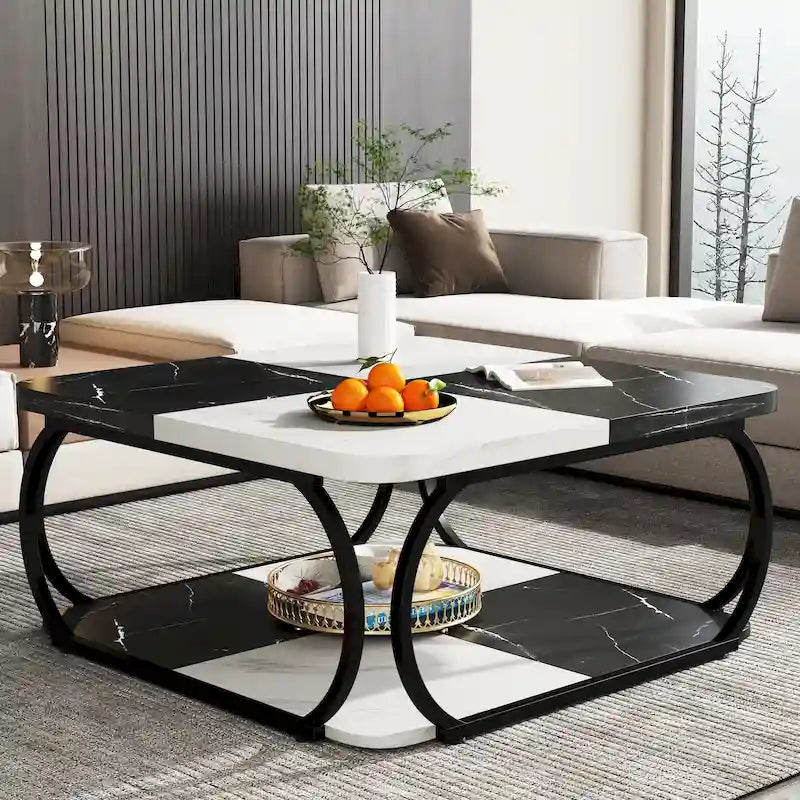 Table basse carrée à 2 niveaux avec étagère de rangement, table basse rustique en bois de 39 pouces pour salon moderne