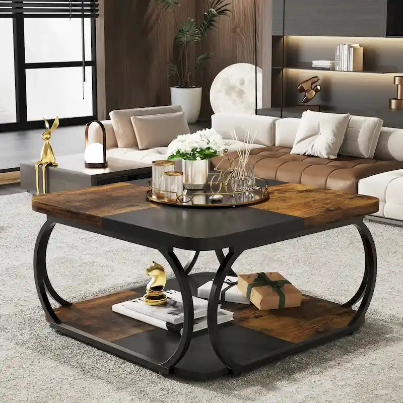 Quadratischer Couchtisch im Landhausstil mit 2 Ebenen und Ablage, 39 Zoll, niedriger Holztisch für moderne Wohnzimmer
