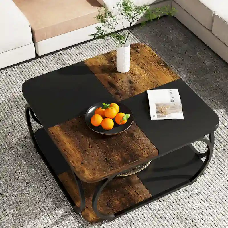 Quadratischer Couchtisch im Landhausstil mit 2 Ebenen und Ablage, 39 Zoll, niedriger Holztisch für moderne Wohnzimmer