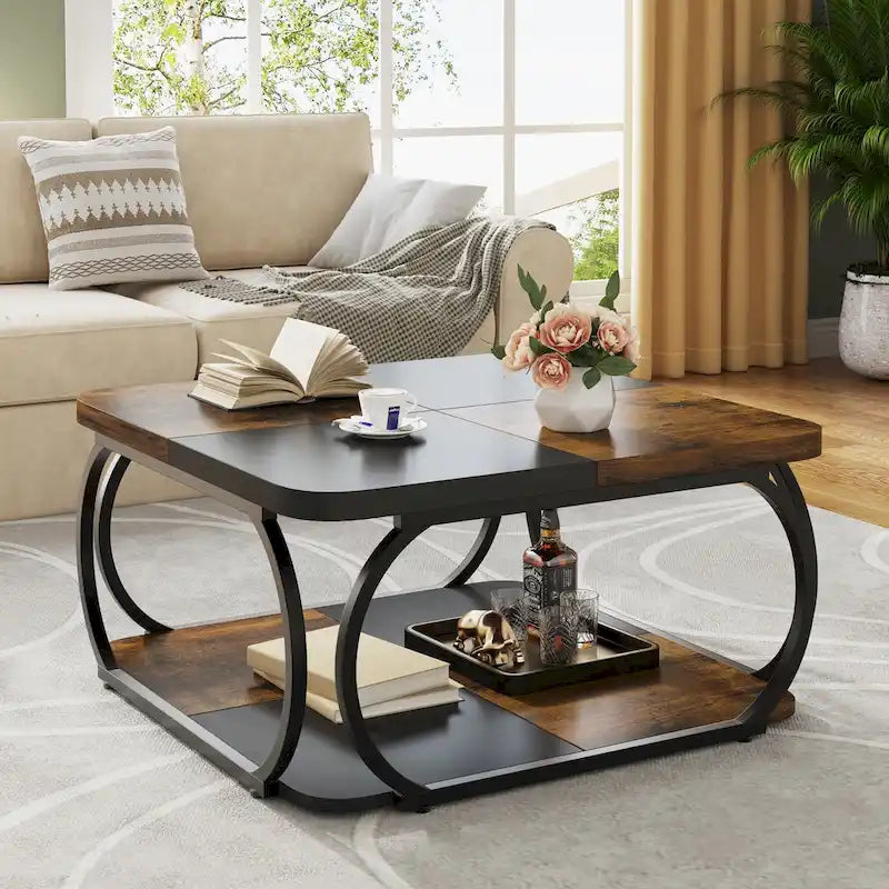 Table basse carrée à 2 niveaux avec étagère de rangement, table basse rustique en bois de 39 pouces pour salon moderne