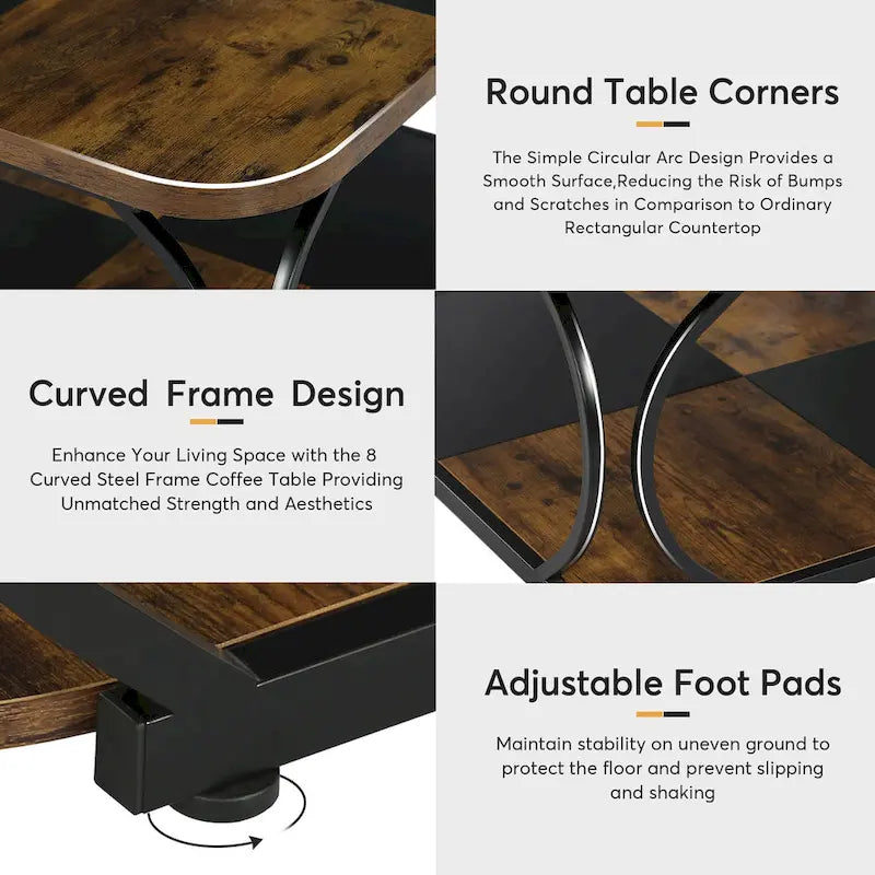 Quadratischer Couchtisch im Landhausstil mit 2 Ebenen und Ablage, 39 Zoll, niedriger Holztisch für moderne Wohnzimmer