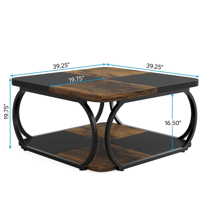 Quadratischer Couchtisch im Landhausstil mit 2 Ebenen und Ablage, 39 Zoll, niedriger Holztisch für moderne Wohnzimmer