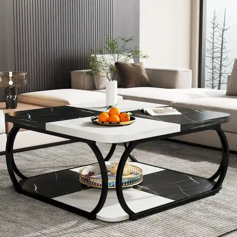 Quadratischer Couchtisch im Landhausstil mit 2 Ebenen und Ablage, 39 Zoll, niedriger Holztisch für moderne Wohnzimmer