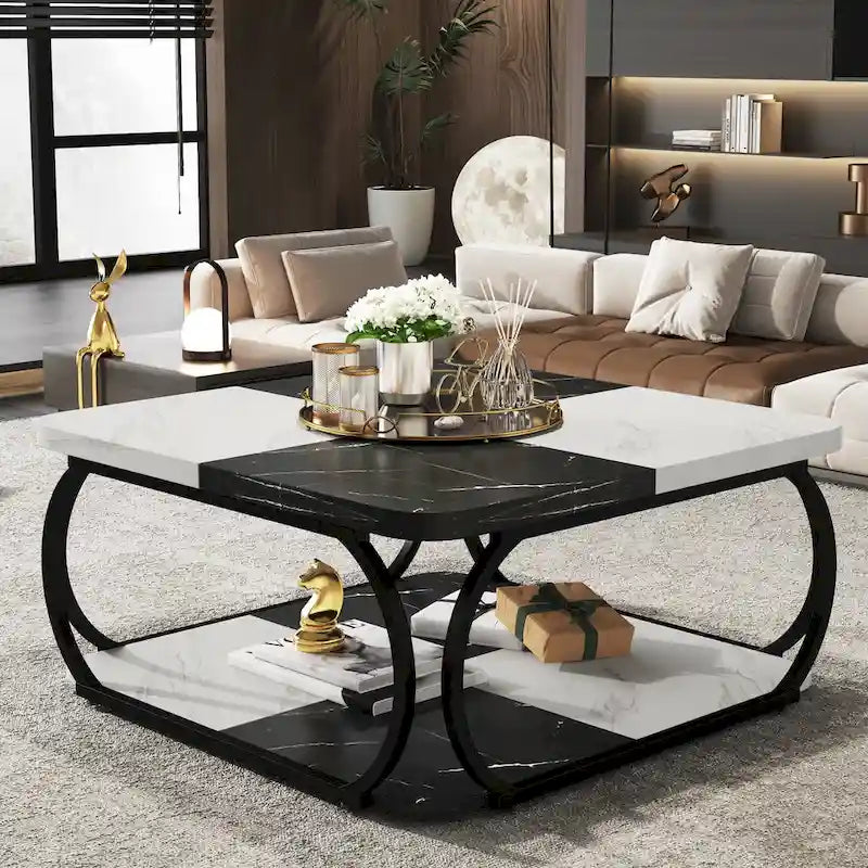 Quadratischer Couchtisch im Landhausstil mit 2 Ebenen und Ablage, 39 Zoll, niedriger Holztisch für moderne Wohnzimmer