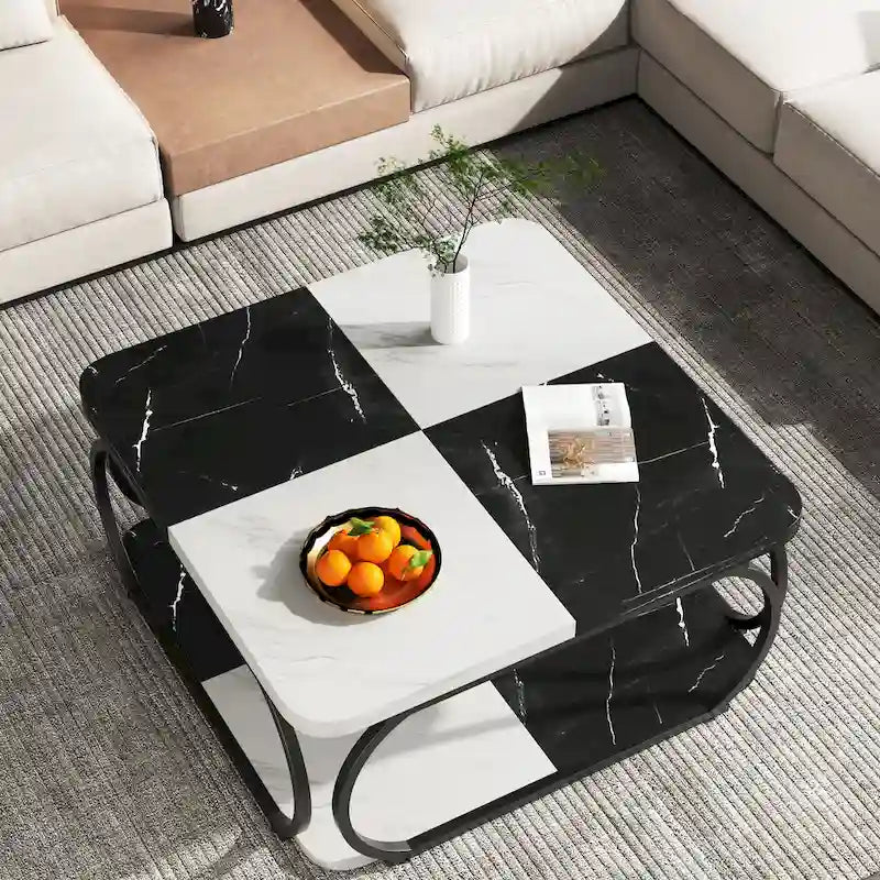 Quadratischer Couchtisch im Landhausstil mit 2 Ebenen und Ablage, 39 Zoll, niedriger Holztisch für moderne Wohnzimmer