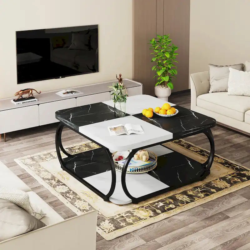 Quadratischer Couchtisch im Landhausstil mit 2 Ebenen und Ablage, 39 Zoll, niedriger Holztisch für moderne Wohnzimmer