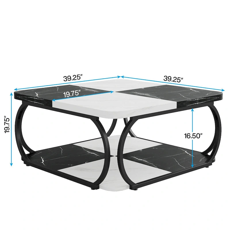Quadratischer Couchtisch im Landhausstil mit 2 Ebenen und Ablage, 39 Zoll, niedriger Holztisch für moderne Wohnzimmer