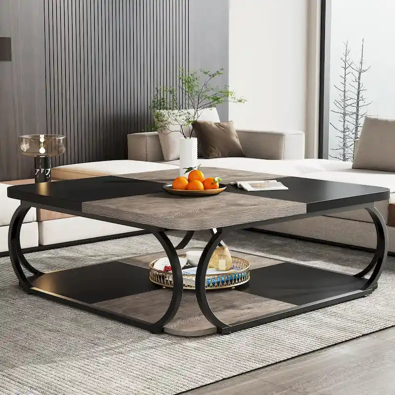 Quadratischer Couchtisch im Landhausstil mit 2 Ebenen und Ablage, 39 Zoll, niedriger Holztisch für moderne Wohnzimmer