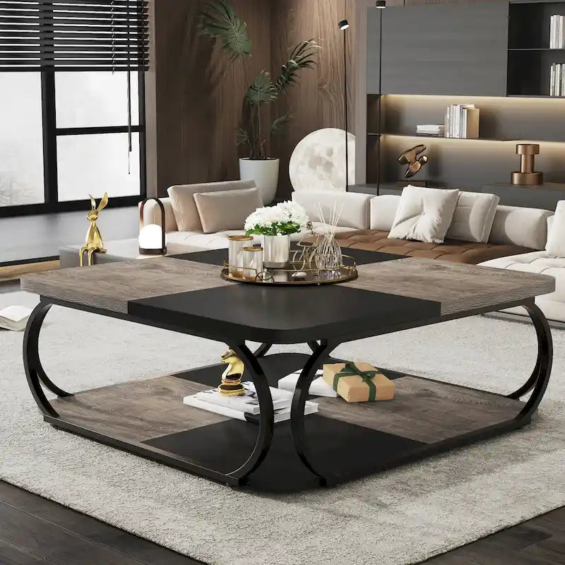 Quadratischer Couchtisch im Landhausstil mit 2 Ebenen und Ablage, 39 Zoll, niedriger Holztisch für moderne Wohnzimmer