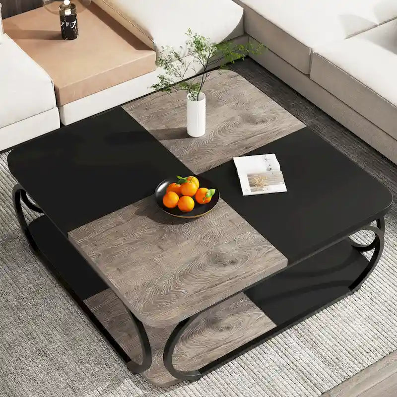 Quadratischer Couchtisch im Landhausstil mit 2 Ebenen und Ablage, 39 Zoll, niedriger Holztisch für moderne Wohnzimmer