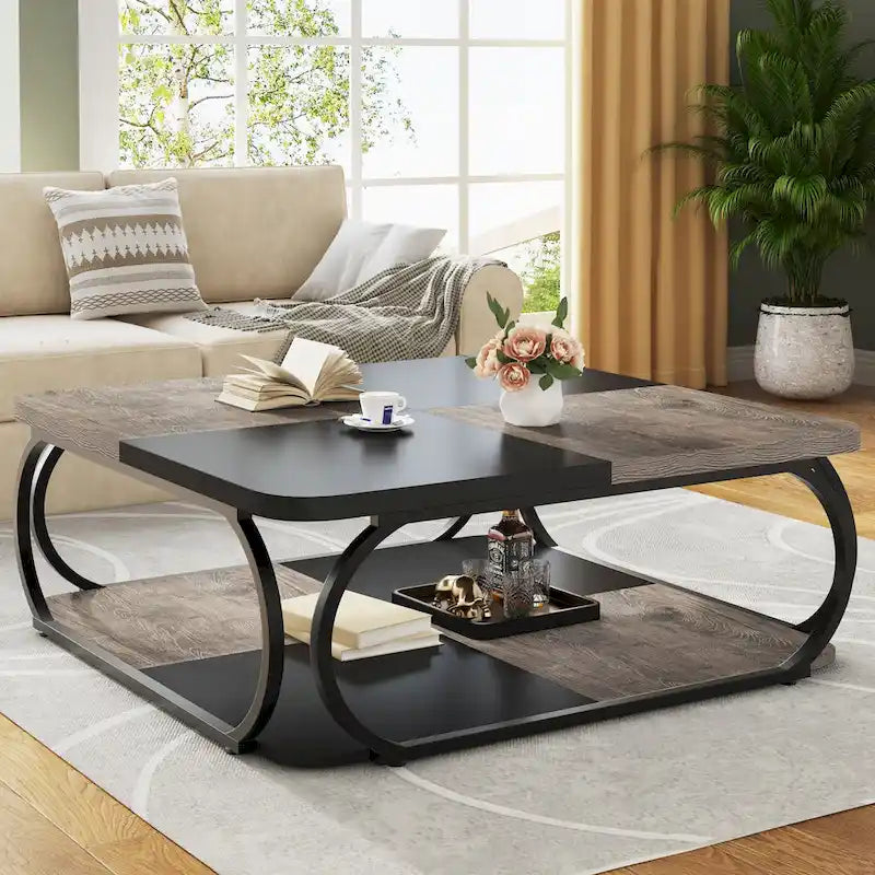 Quadratischer Couchtisch im Landhausstil mit 2 Ebenen und Ablage, 39 Zoll, niedriger Holztisch für moderne Wohnzimmer