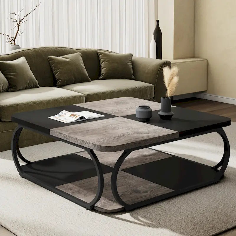 Quadratischer Couchtisch im Landhausstil mit 2 Ebenen und Ablage, 39 Zoll, niedriger Holztisch für moderne Wohnzimmer
