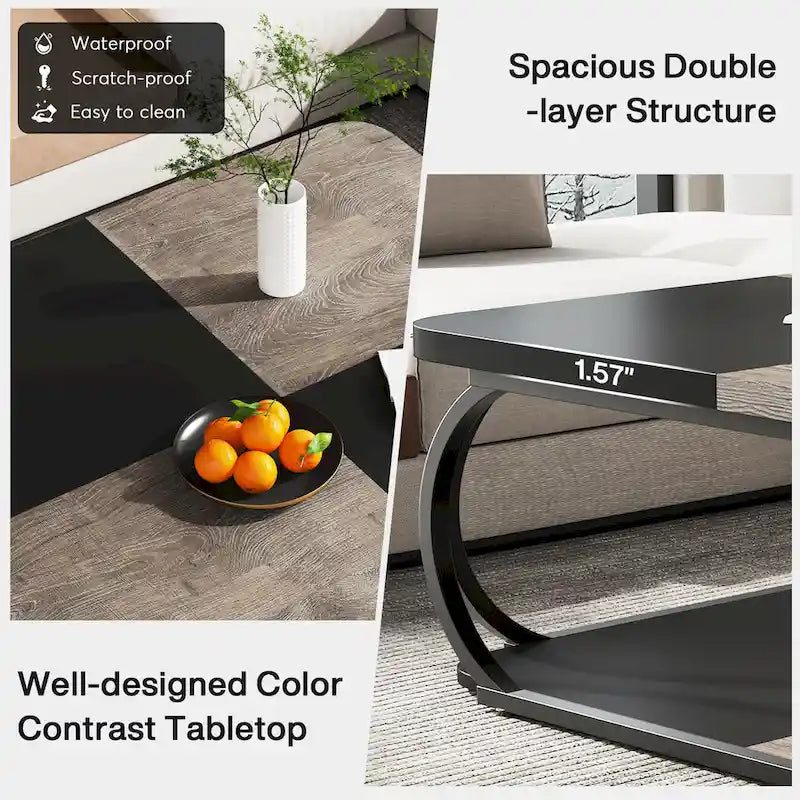 Quadratischer Couchtisch im Landhausstil mit 2 Ebenen und Ablage, 39 Zoll, niedriger Holztisch für moderne Wohnzimmer