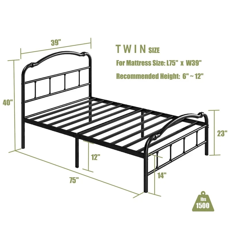Estructura de cama metálica resistente de 14 de alto, de estilo vintage, soporta hasta 2500lbs, fácil de montar y sin chirridos