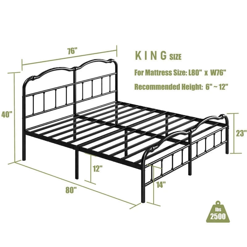 Estructura de cama metálica resistente de 14 de alto, de estilo vintage, soporta hasta 2500lbs, fácil de montar y sin chirridos