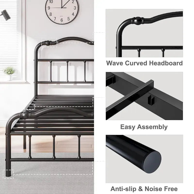 Estructura de cama metálica resistente de 14 de alto, de estilo vintage, soporta hasta 2500lbs, fácil de montar y sin chirridos