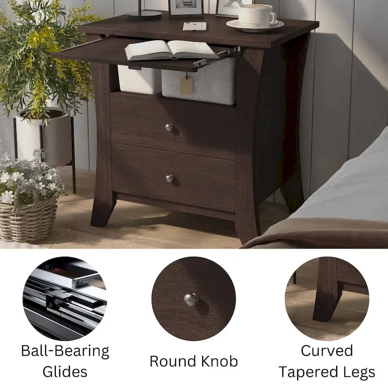 Table de chevet en bois de style transitionnel minimaliste avec deux tiroirs et une étagère