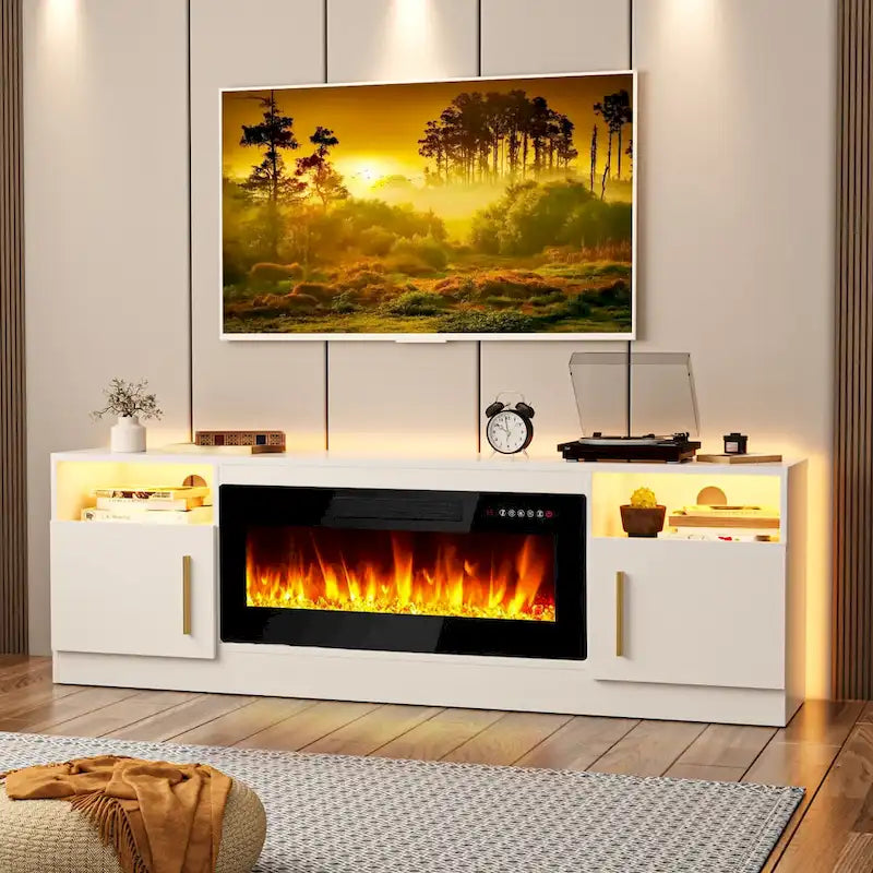 70-Zoll-TV-Ständer mit Kamin und 36-Zoll-Elektrokamin, für Fernseher bis 80 Zoll, LED-Beleuchtung in 16 Farben/Entertainment-Center