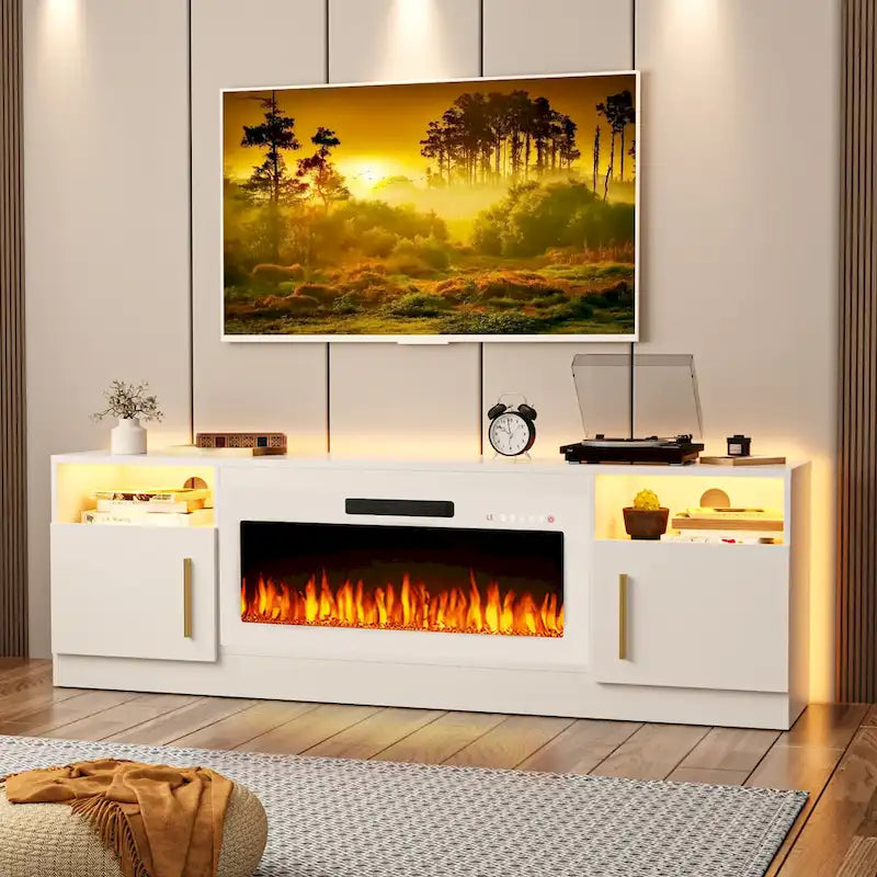 70-Zoll-TV-Ständer mit Kamin und 36-Zoll-Elektrokamin, für Fernseher bis 80 Zoll, LED-Beleuchtung in 16 Farben/Entertainment-Center