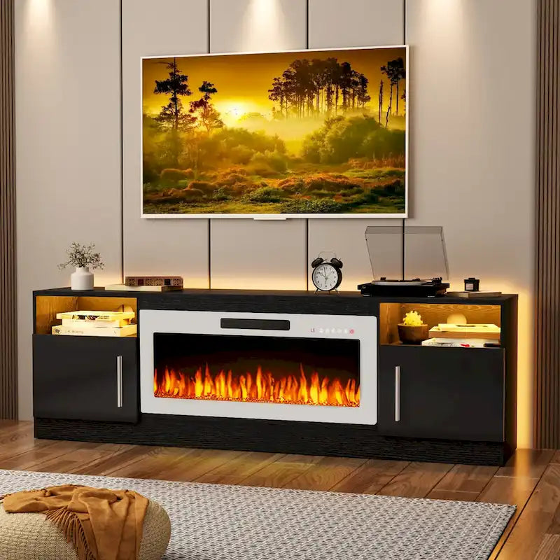 70-Zoll-TV-Ständer mit Kamin und 36-Zoll-Elektrokamin, für Fernseher bis 80 Zoll, LED-Beleuchtung in 16 Farben/Entertainment-Center