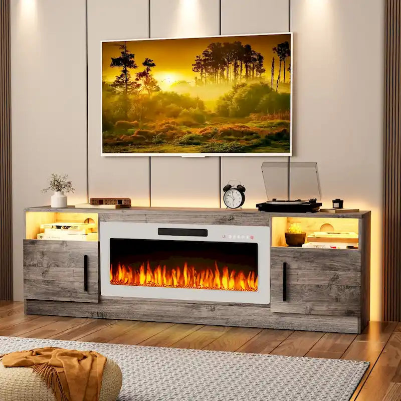 70-Zoll-TV-Ständer mit Kamin und 36-Zoll-Elektrokamin, für Fernseher bis 80 Zoll, LED-Beleuchtung in 16 Farben/Entertainment-Center