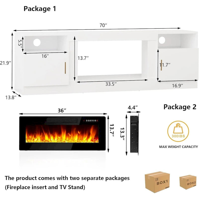 70-Zoll-TV-Ständer mit Kamin und 36-Zoll-Elektrokamin, für Fernseher bis 80 Zoll, LED-Beleuchtung in 16 Farben/Entertainment-Center