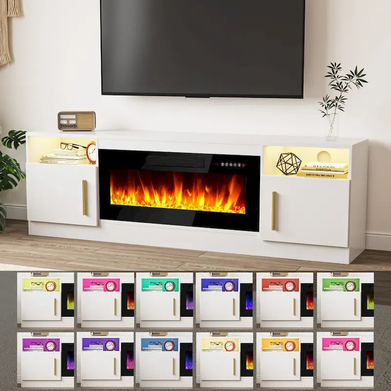 70-Zoll-TV-Ständer mit Kamin und 36-Zoll-Elektrokamin, für Fernseher bis 80 Zoll, LED-Beleuchtung in 16 Farben/Entertainment-Center