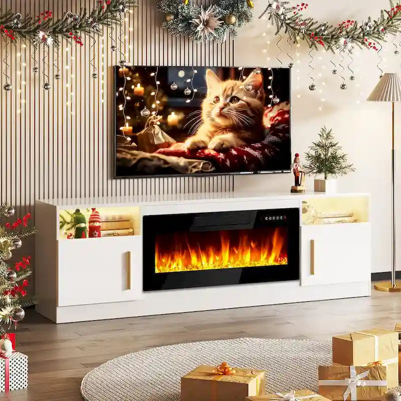 70-Zoll-TV-Ständer mit Kamin und 36-Zoll-Elektrokamin, für Fernseher bis 80 Zoll, LED-Beleuchtung in 16 Farben/Entertainment-Center