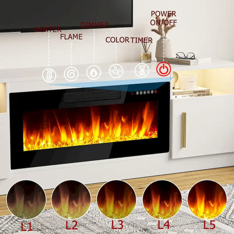 70-Zoll-TV-Ständer mit Kamin und 36-Zoll-Elektrokamin, für Fernseher bis 80 Zoll, LED-Beleuchtung in 16 Farben/Entertainment-Center
